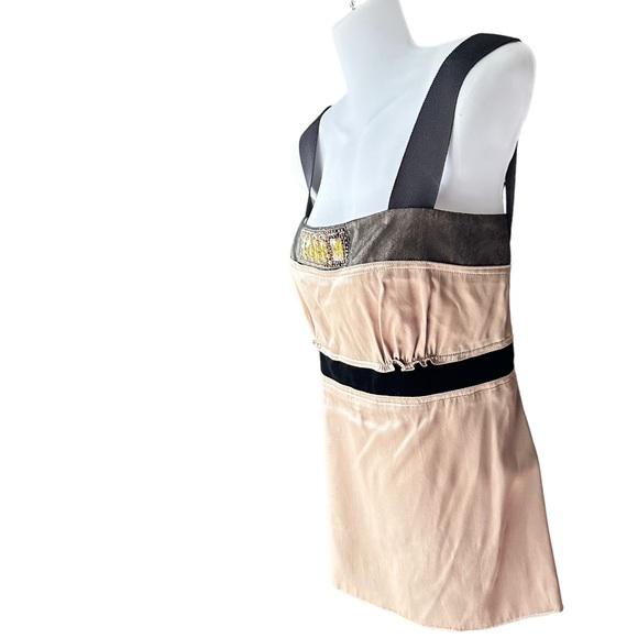 Ellie Tahari Silk Embellished Champagne/ Gold Color Top W/ Black Velvet & Lace M - Picture 2 of 15